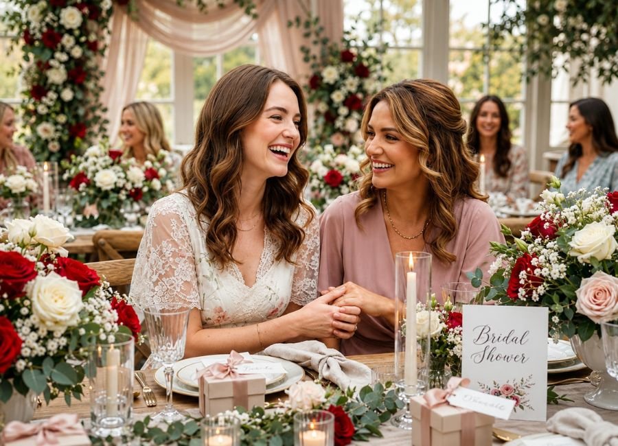 Beautiful British bride laughing with her best friend at a joyful celebration