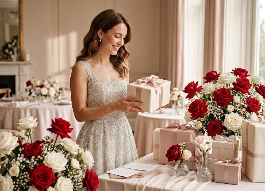 British bride holding a beautifully wrapped gift with a happy smile