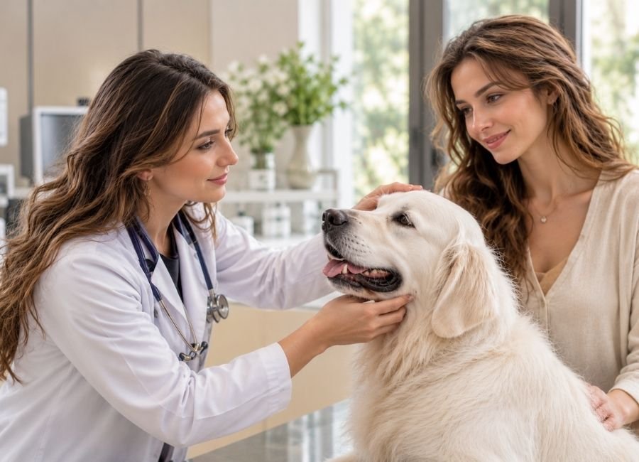 Caring veterinarian gently treating a dog while receiving a thank you message to veterinarian