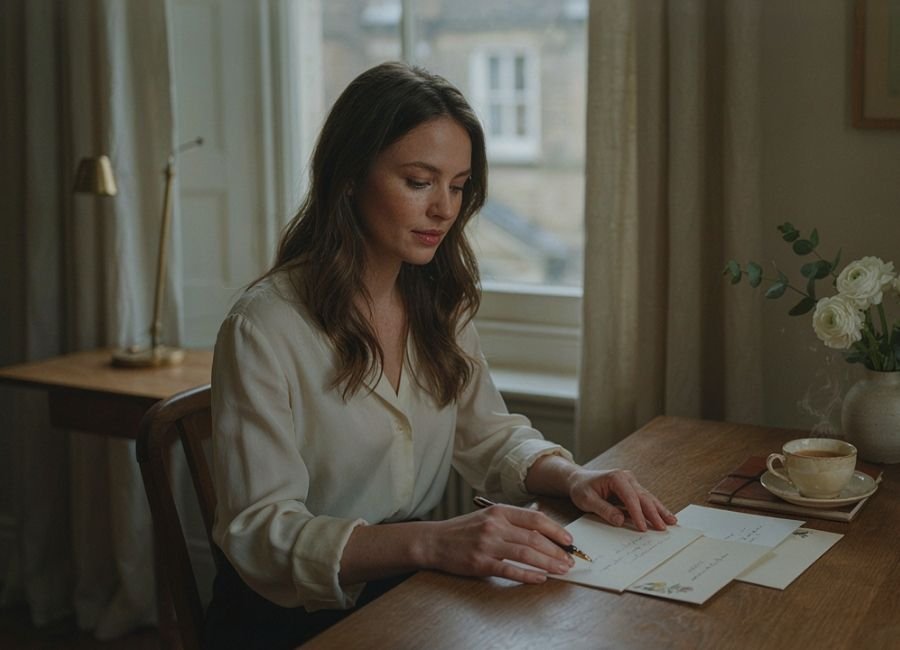 British woman writing a personal thank-you message