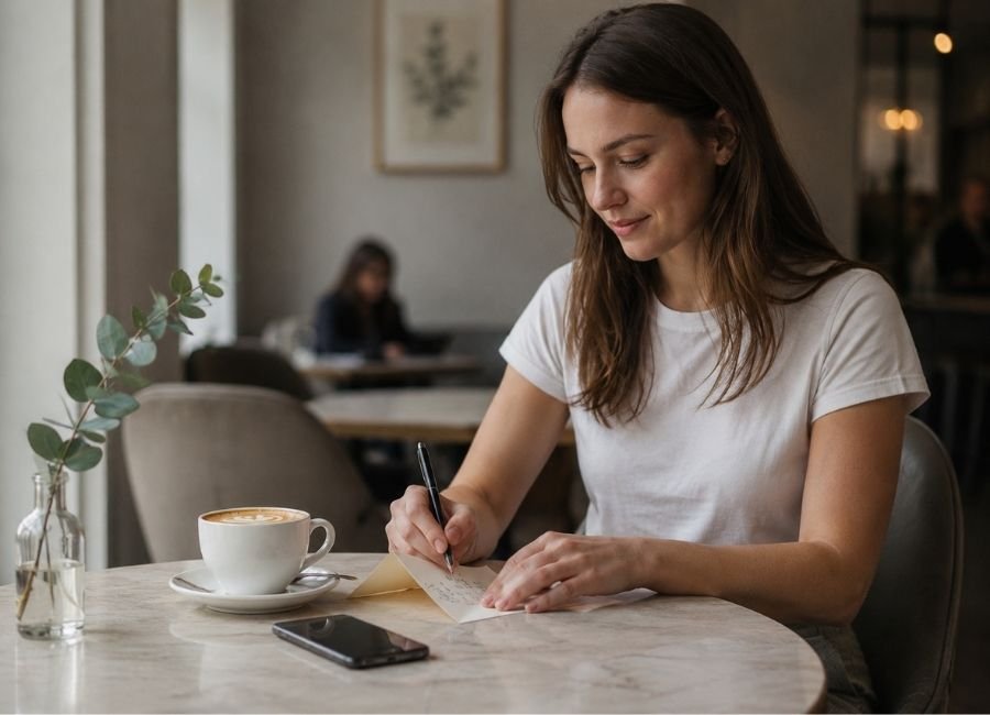Woman writing a congratulatory message for someone starting a new job