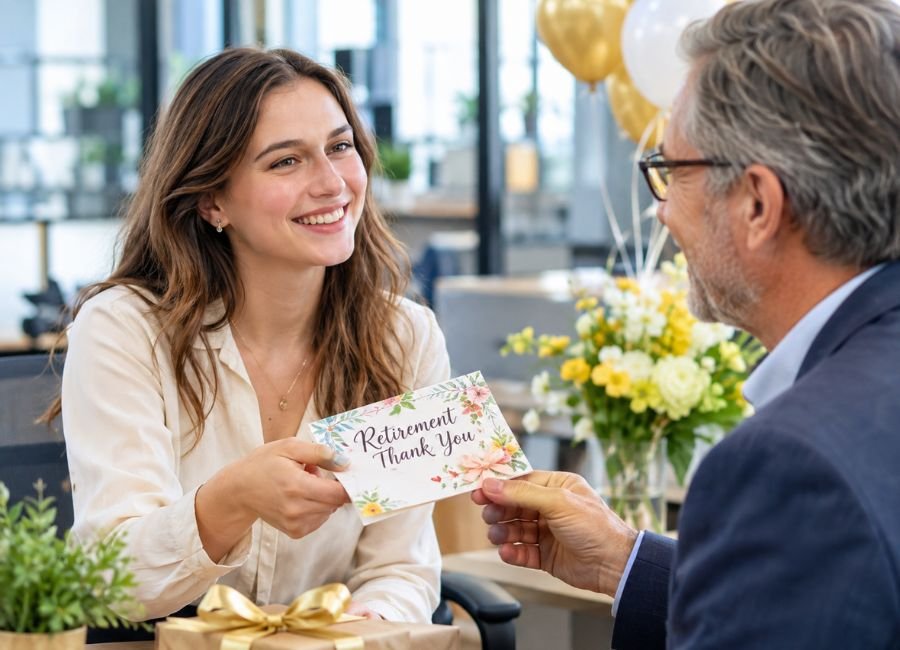 Female coworker giving handwritten card to senior employee