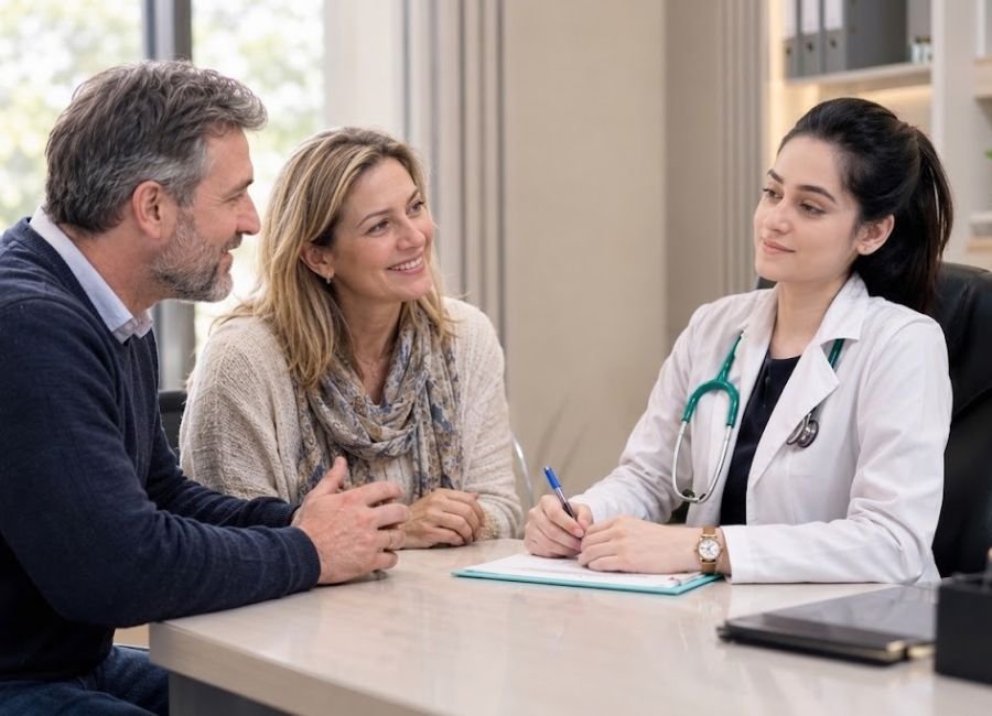 Family thanking a female doctor for caring for their loved one