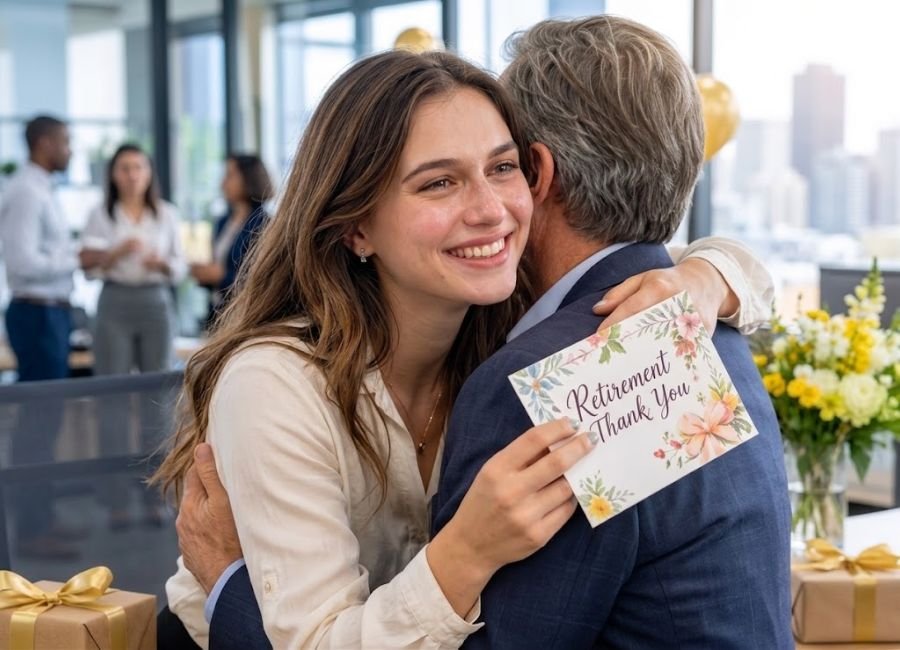 Two colleagues hugging and saying farewell in office