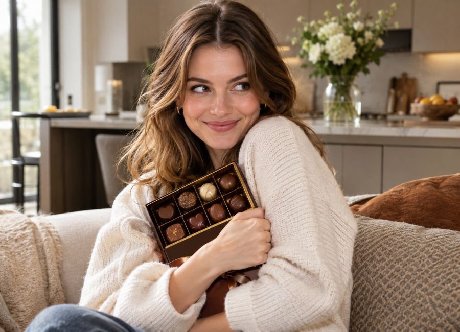 Playful British woman enjoying a box of chocolates