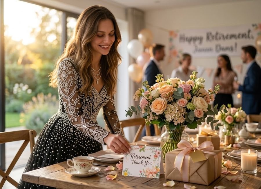Farewell celebration table with flowers and wrapped gift