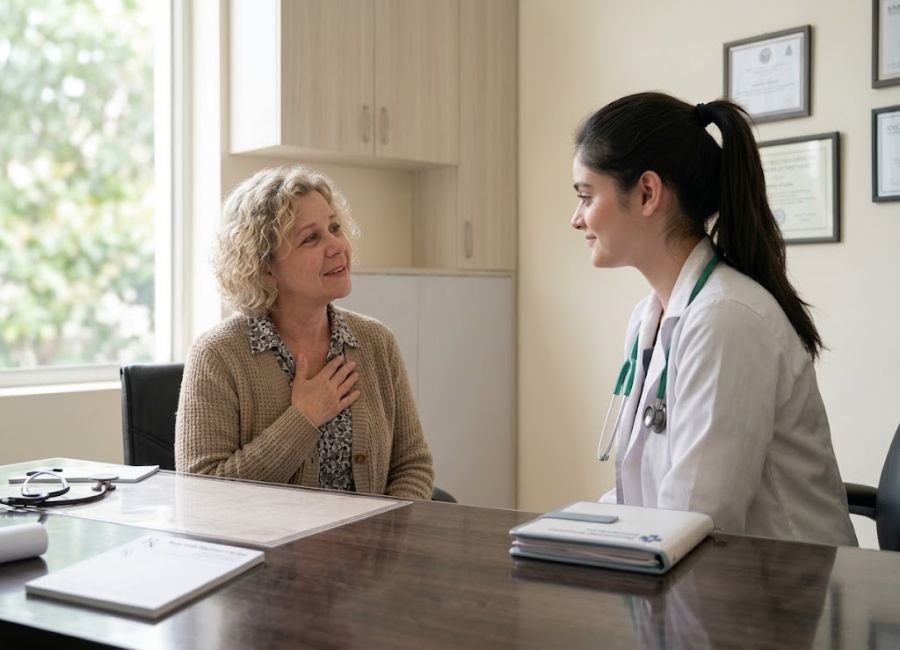 Patient thanking female doctor for her care