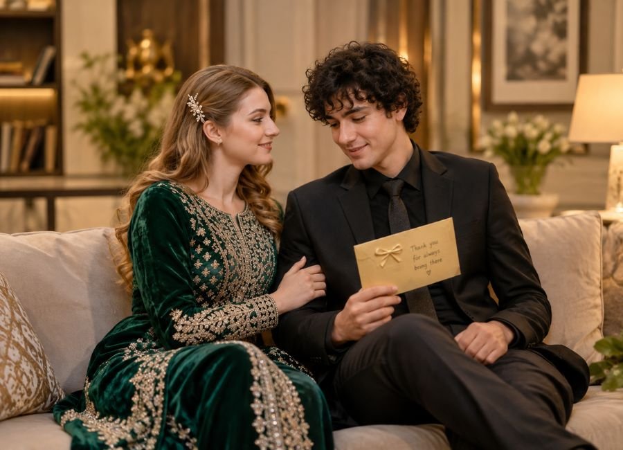 Happy husband reading a handwritten appreciation note from his wife on the couch
