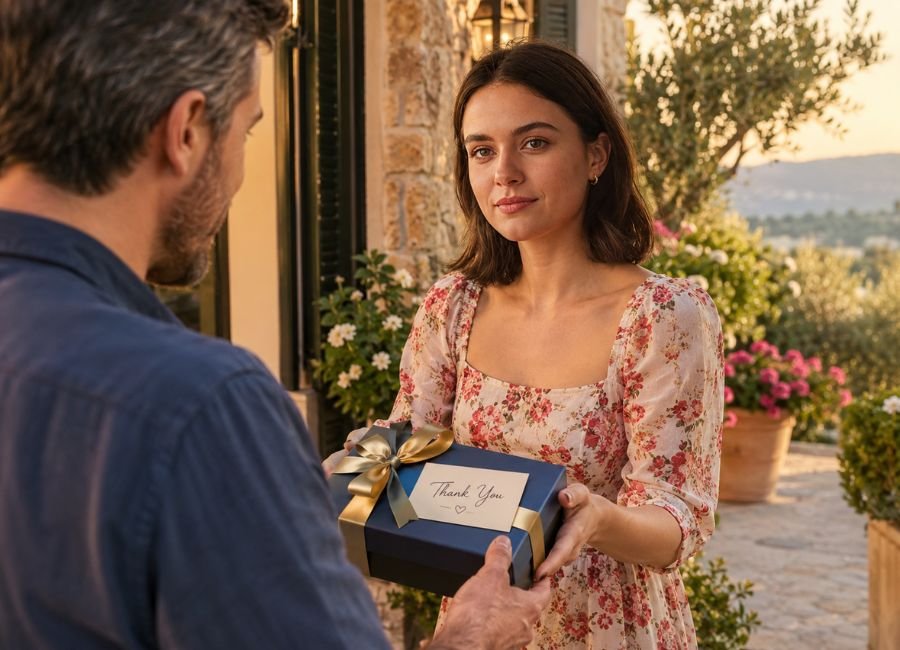 Woman giving thank you gift to neighbor after receiving help