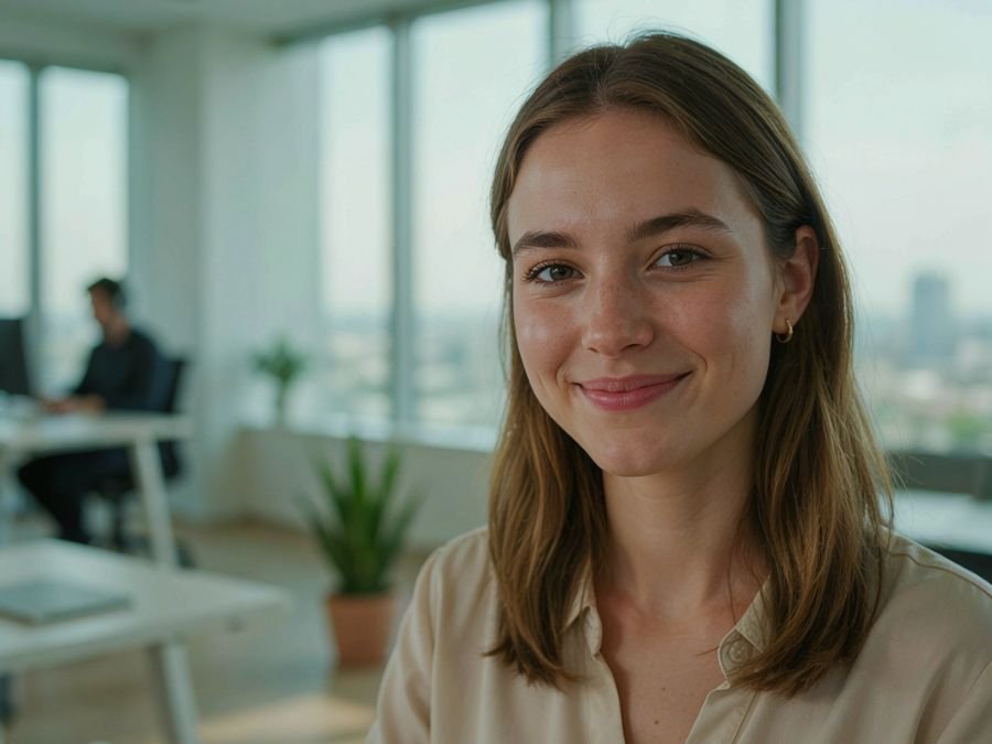 friendly customer support professional smiling in a modern office while handling client inquiries