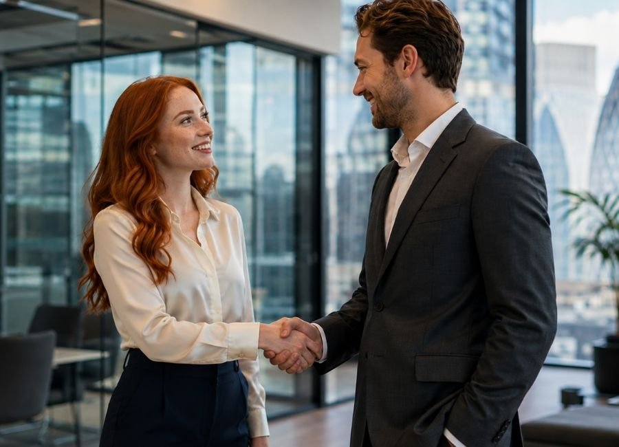 Coworkers exchanging professional congratulations in an office