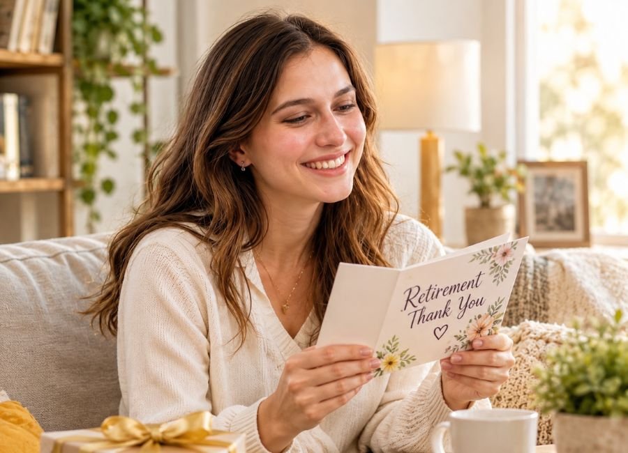 Smiling woman reading personalized appreciation card at home