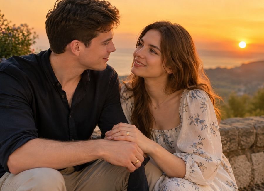Romantic couple holding hands during sunset expressing deep appreciation