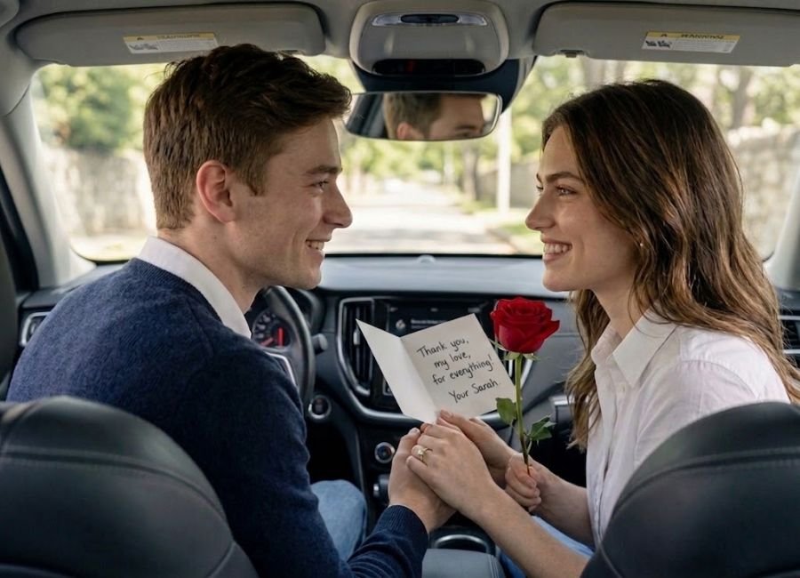 Short love note stuck on car dashboard for husband 