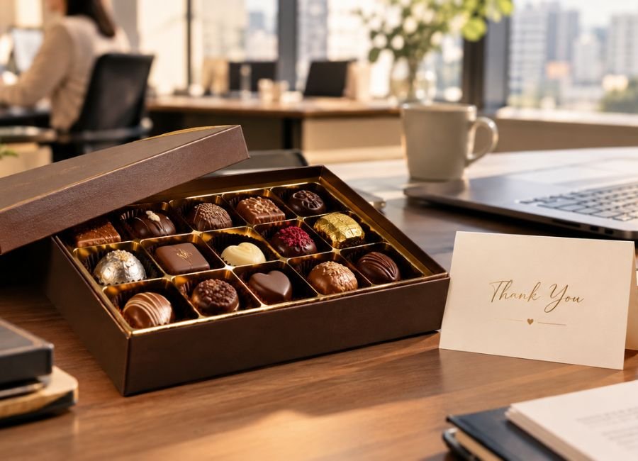 Gourmet chocolates with a thank-you card on an office desk.