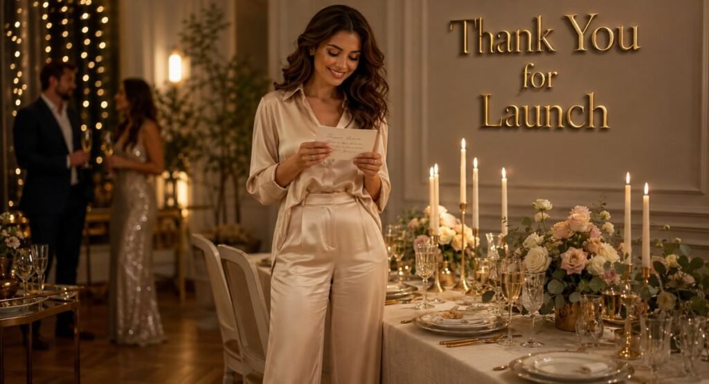 British woman holding a thank you card after a successful launch