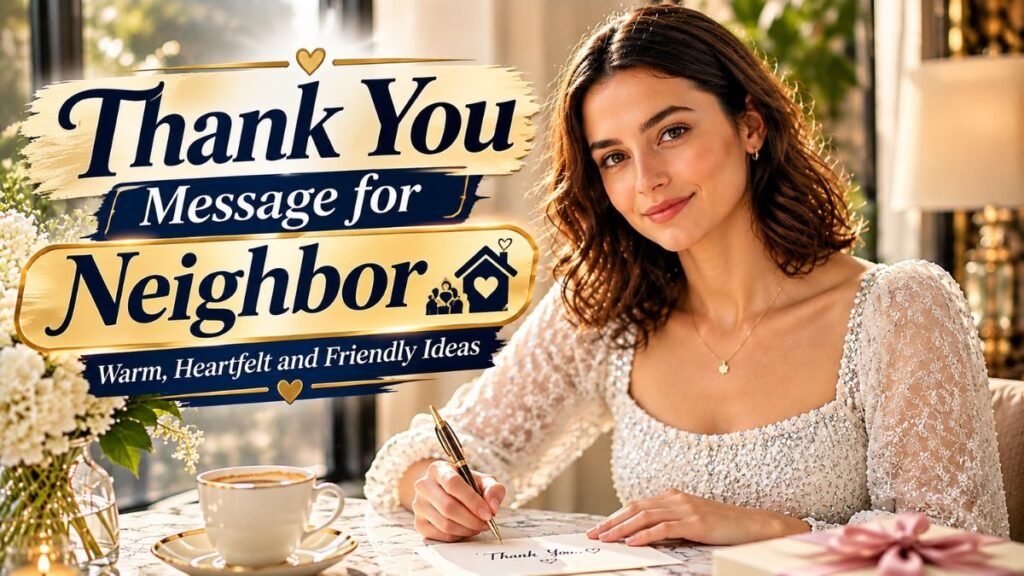Thank you message for neighbor thumbnail showing neighbors exchanging a thank-you card outside a beautiful home.