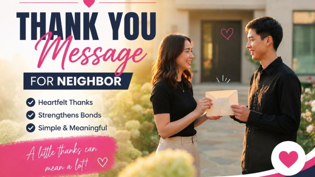 Thank you message for neighbor thumbnail showing neighbors exchanging a thank-you card outside a beautiful home.