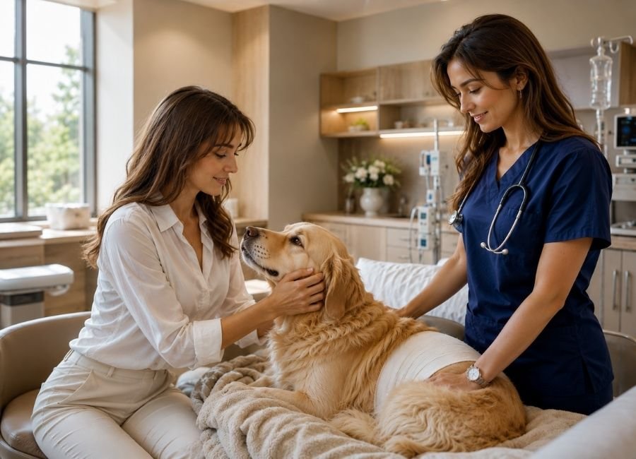 Pet owner sending a thank you message to veterinarian after dog surgery