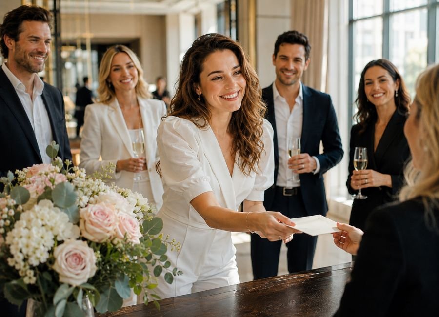 Woman greeting guests at a business celebration