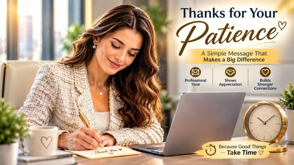 Thanks for your patience message with a woman writing a thank-you note