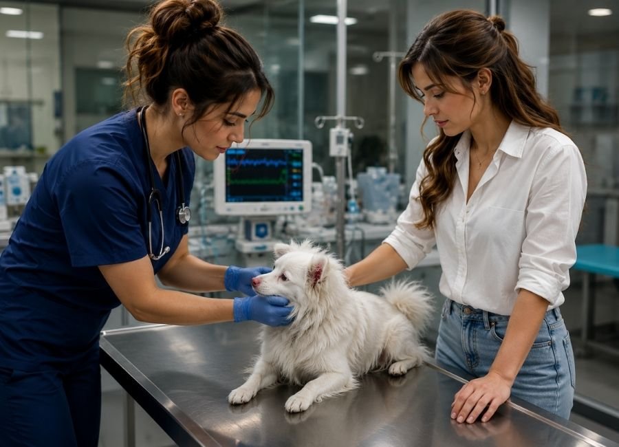 Veterinarian caring for a dog during an emergency after a thank you message to veterinarian