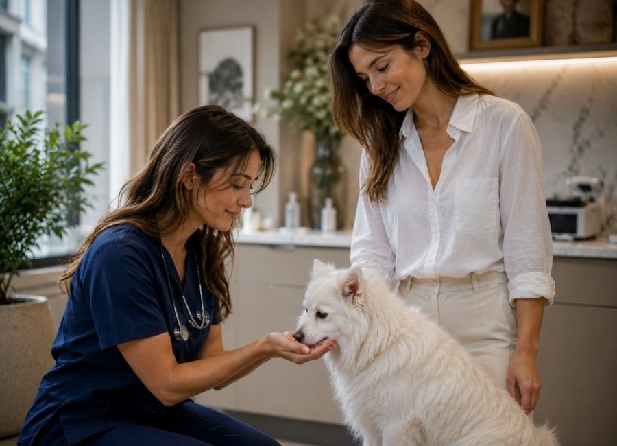 Veterinarian showing kindness to a nervous dog during a thank you message to veterinarian visit