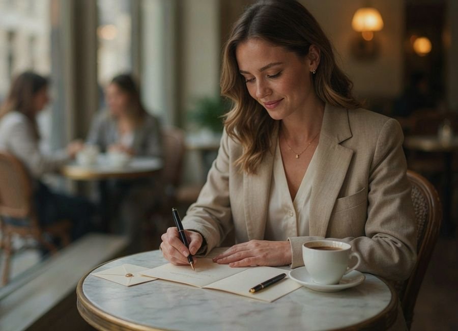 Woman writing a thoughtful well wishes message in a greeting card