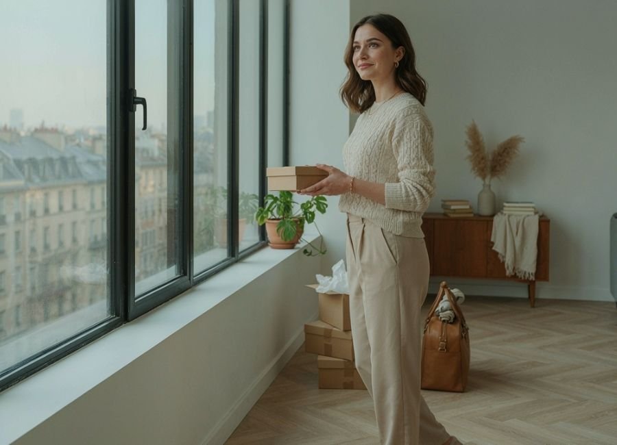 Woman celebrating a hopeful new beginning in a new home