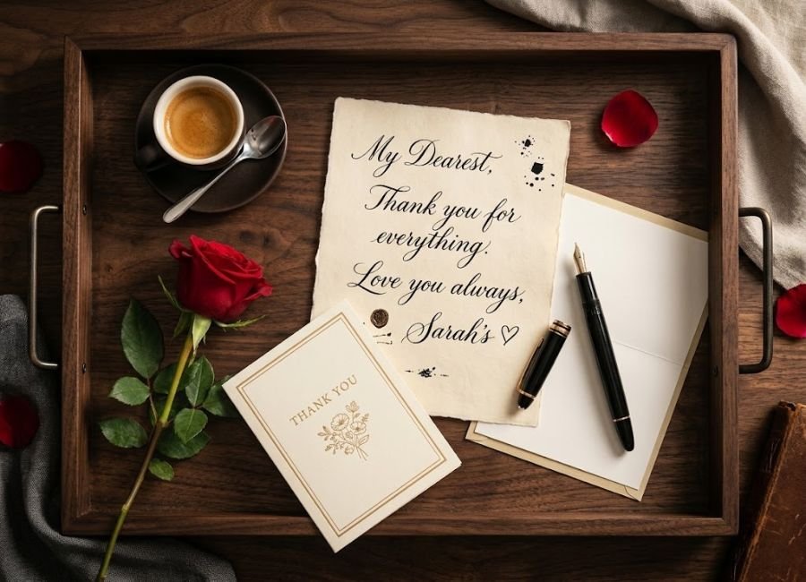 Flatlay of handwritten thank you note with coffee and fountain pen on desk