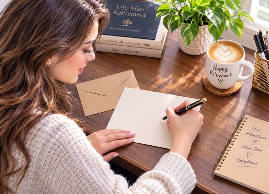 Girl writing a retirement thank you note with pen