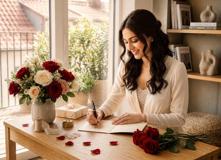 British bride writing bridal shower thank you messages on a card