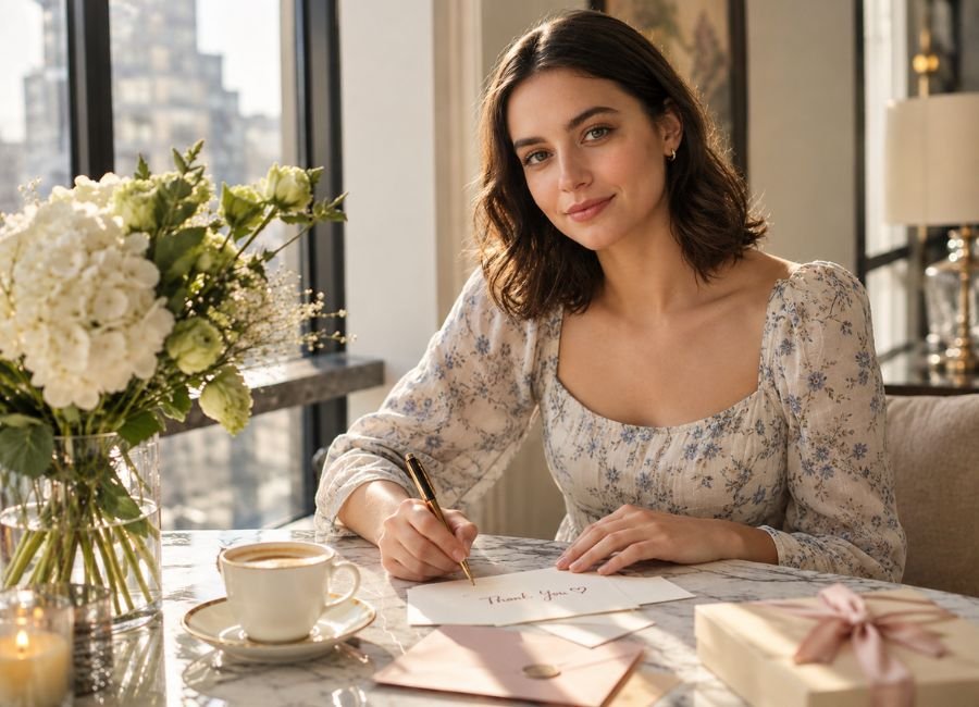 Woman writing a personal thank you message on a greeting card