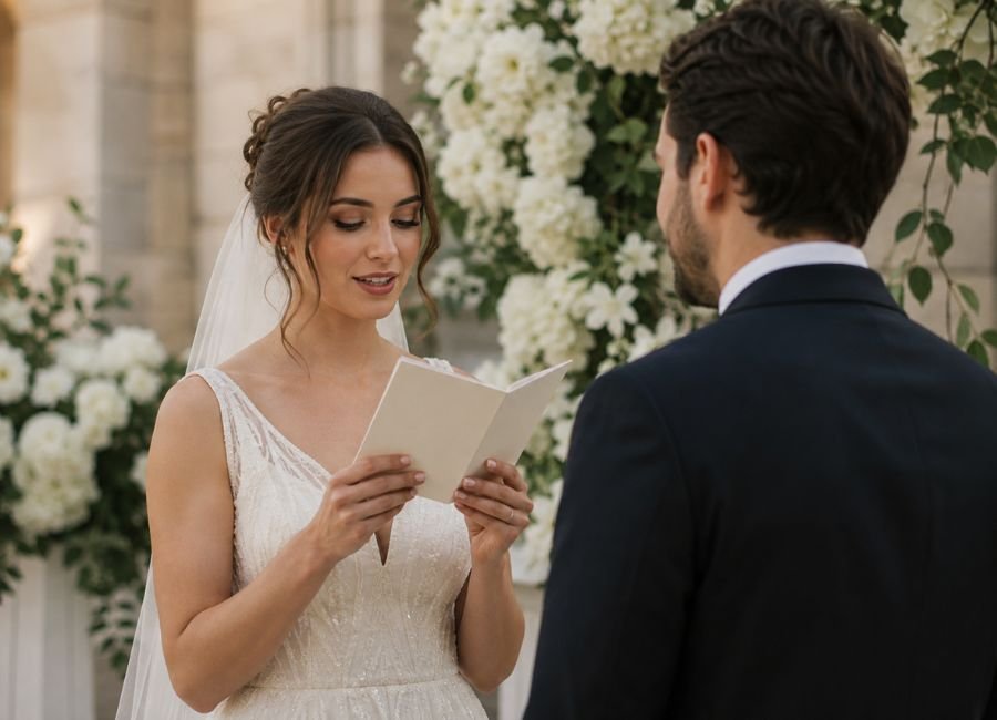 Bride reading her marriage vows during a wedding ceremony