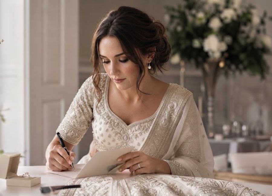 Bride writing in an ivory notebook at a wedding venue