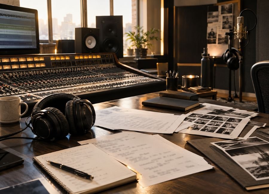 Professional music studio materials representing BTS album creation and acknowledgements