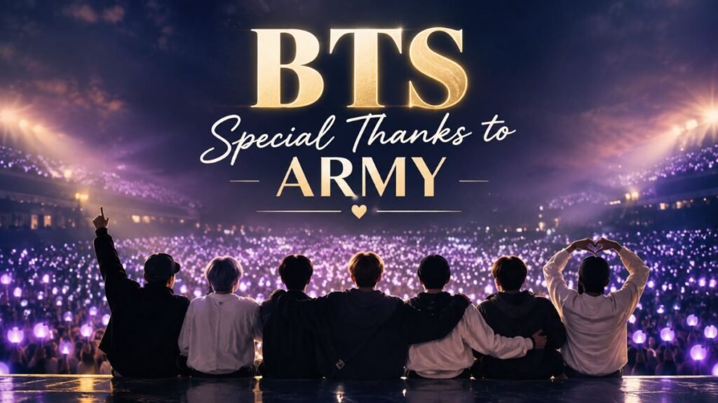 BTS Special Thanks to ARMY seven performers facing a glowing concert audience with purple light sticks.