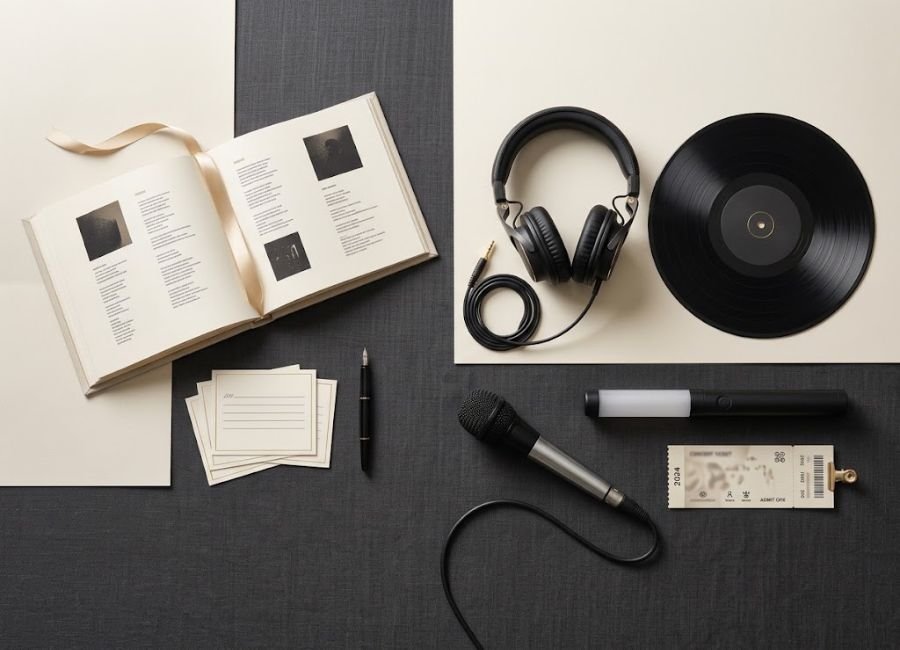 Album notes, music equipment and concert items representing BTS fan-related songs