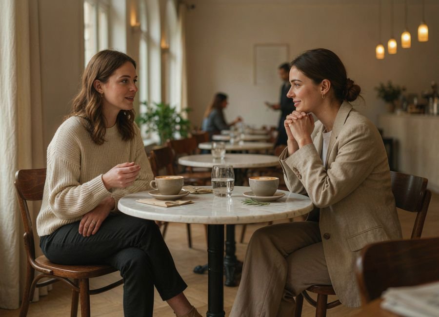Two friends having a casual conversation at a modern café