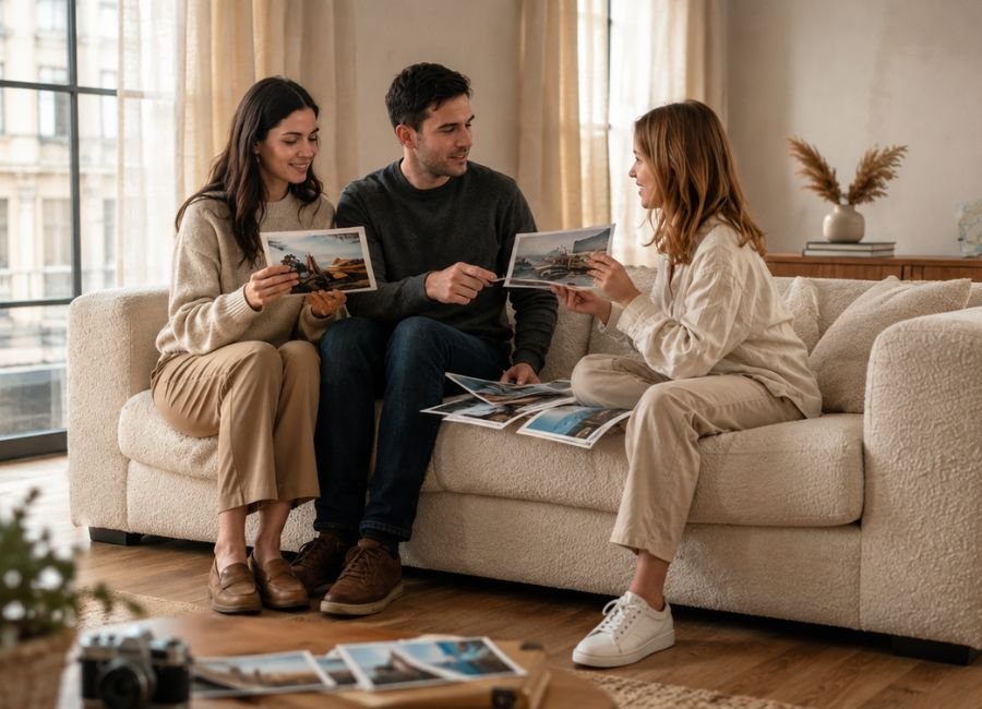 Family enjoying memories from a special trip