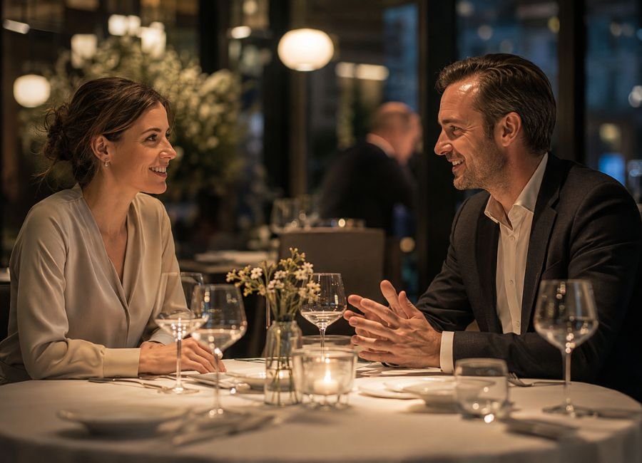 Professionals having a conversation at an elegant restaurant