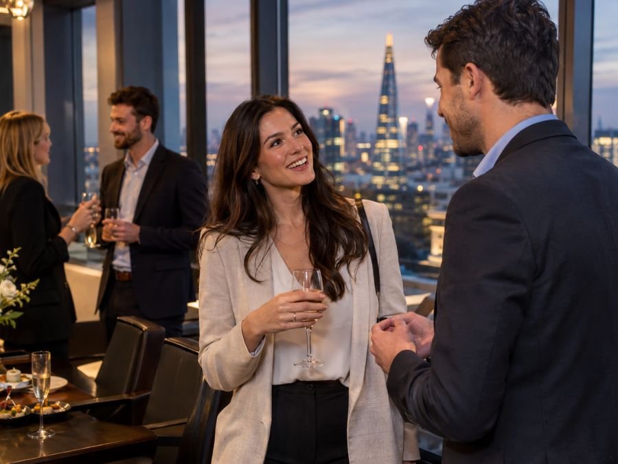 Professionals thanking a host after an office party