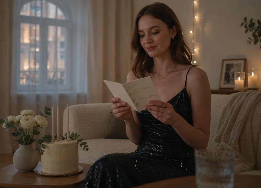 Elegant woman celebrating birthday with cake in a modern apartment