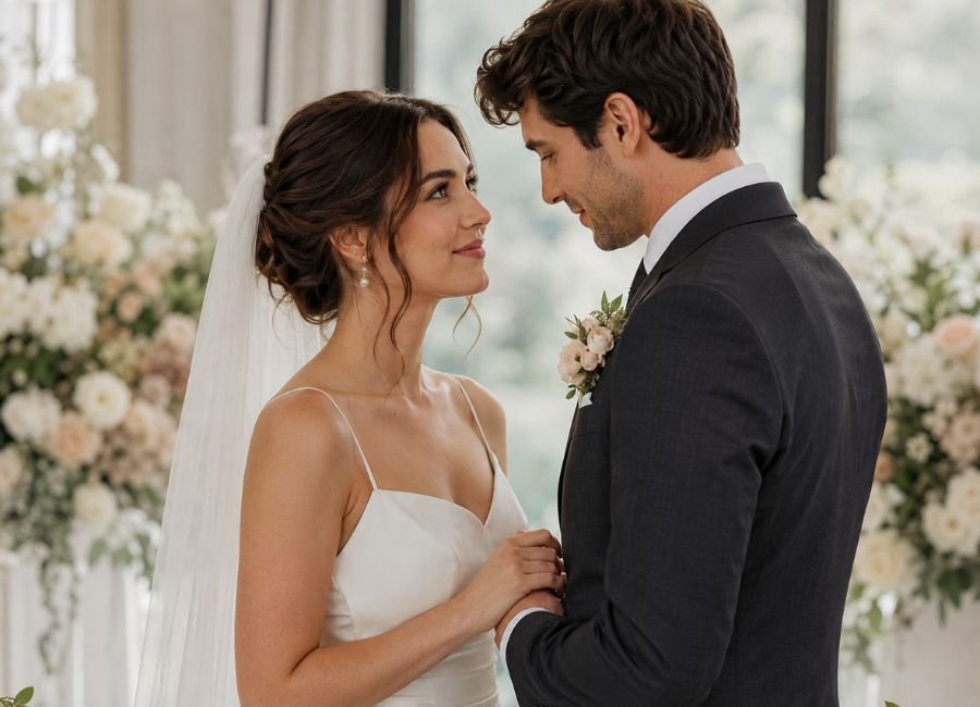 Newlywed couple sharing a quiet emotional moment