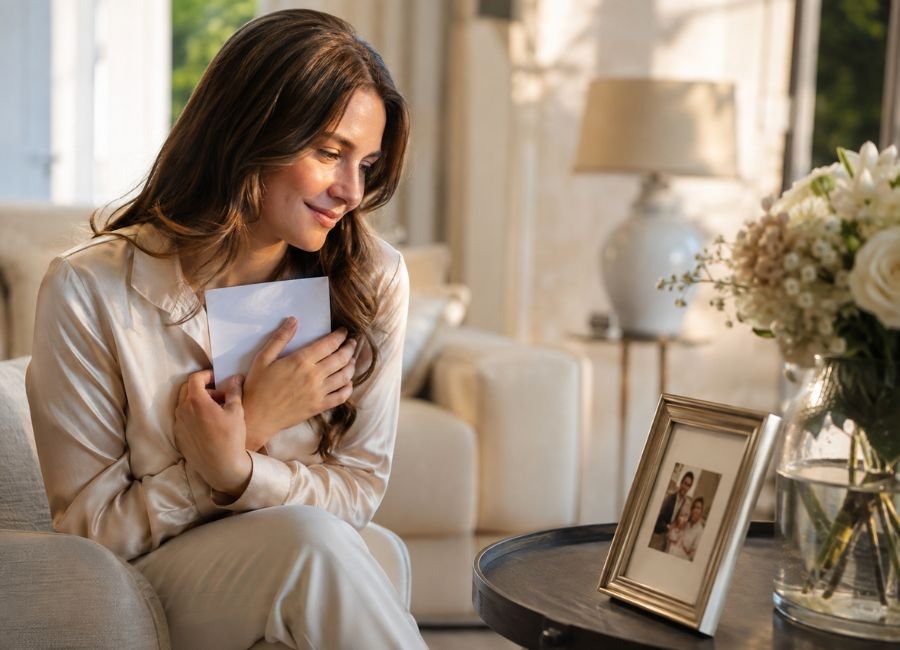 Woman holding a card with heartfelt wishes for someone she loves