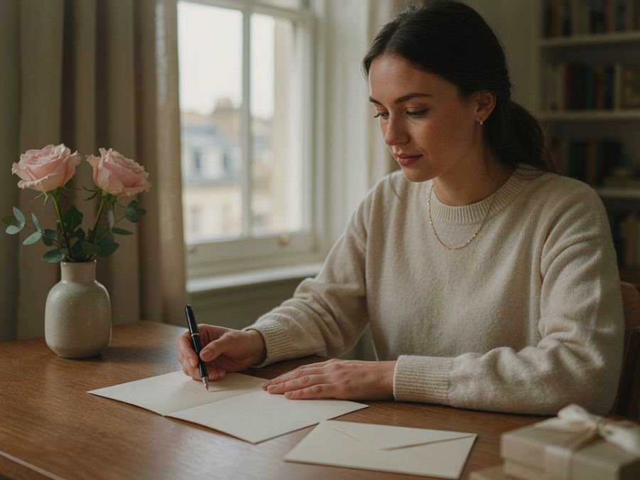 Woman writing a personal wedding thank-you note at home