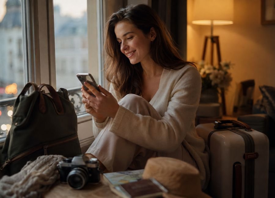 Traveler looking through photos after returning home