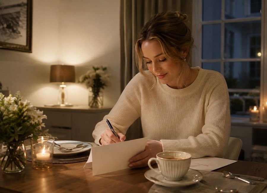 Woman writing a personal note at a dining table