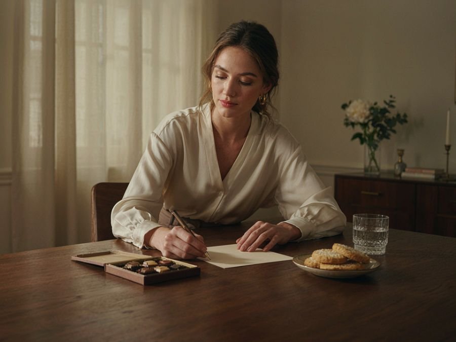 Woman writing a personal thank-you note beside sweets