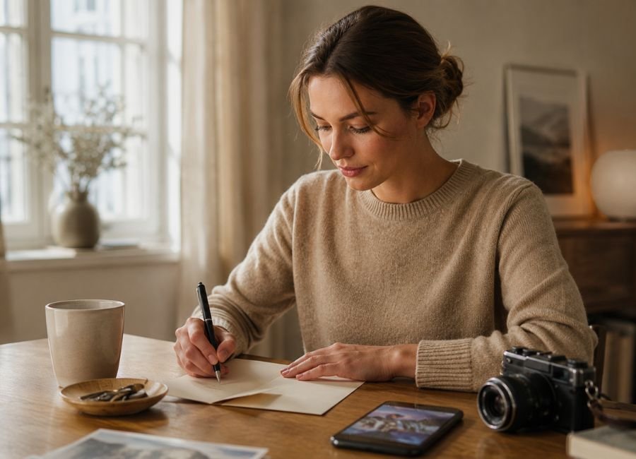 Woman writing a personal thank-you message